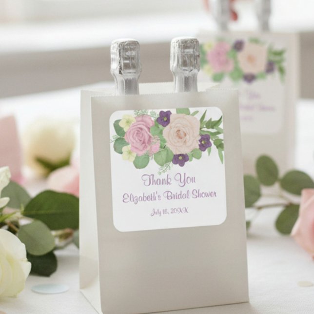 Purple Floral Bridal Shower Square Sticker (Creator Uploaded)