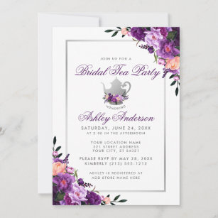 Purple Floral Bridal Shower Tea Party Invitation