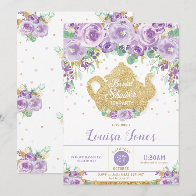 Purple Floral Bridal Shower Tea Party Invitation (Front/Back)