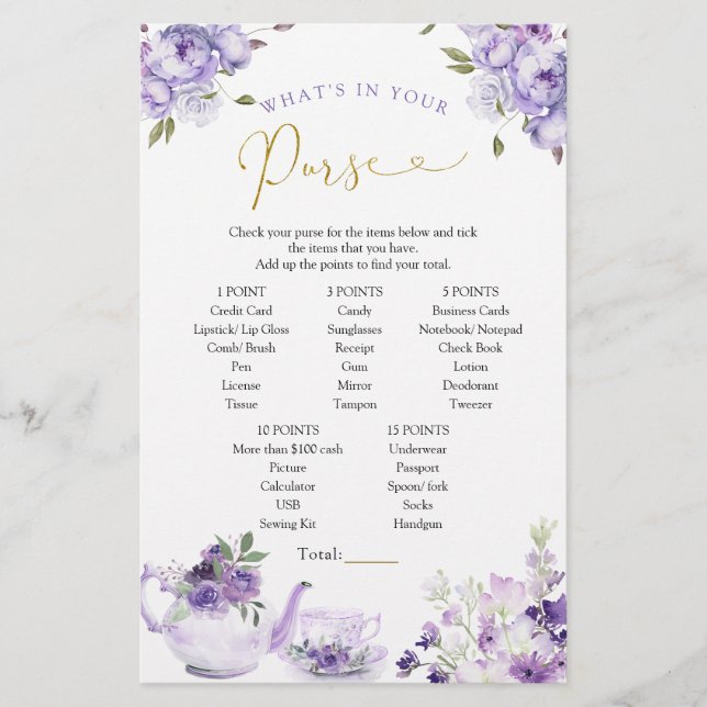 Purple Floral Bridal Tea What's in Your Purse Game (Front)