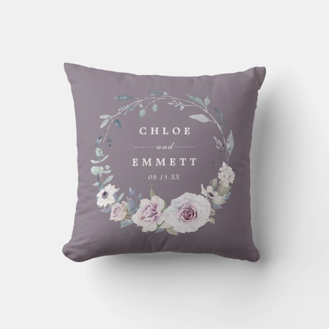 Purple Floral Bridal Wedding Couple Throw Pillow (Front)