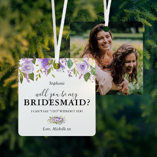 Purple Floral Bridesmaid Proposal Metal Ornament