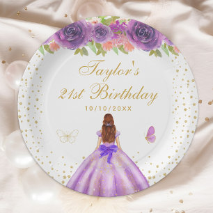 Purple Floral Brown Hair Princess Birthday Party Paper Plate
