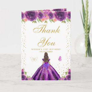 Purple Floral Brunette Hair Girl Birthday Thank You Card