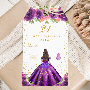 Purple Floral Brunette Hair Girl Happy Birthday Gift Tags