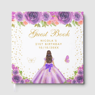 Purple Floral Brunette Hair Princess Birthday Guest Book