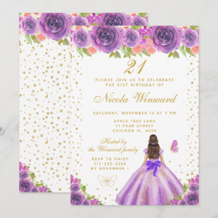 Purple Floral Brunette Hair Princess Birthday Invitation