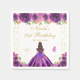 Purple Floral Brunette Hair Princess Birthday  Napkin