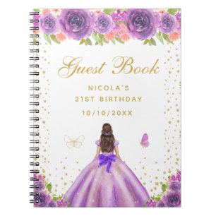 Purple Floral Brunette Hair Princess Birthday Notebook