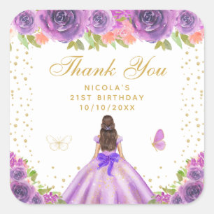 Purple Floral Brunette Hair Princess Birthday Part Square Sticker