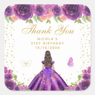 Purple Floral Brunette Hair Princess Birthday Square Sticker