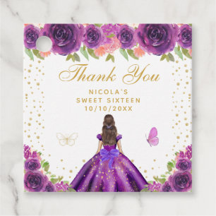 Purple Floral Brunette Hair Princess Sweet Sixteen Favour Tags