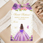 Purple Floral Brunette Hair Princess Sweet Sixteen Gift Tags<br><div class="desc">This elegant and glamourous sweet sixteen birthday gift tag can be personalized with a name. The design features a beautiful princess with brunette hair and fair skin in a purple ball gown. The text combines handwritten script and modern sans serif fonts for a classy and sophisticated look. The floral arrangements,...</div>