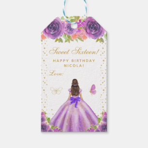 Purple Floral Brunette Hair Princess Sweet Sixteen Gift Tags