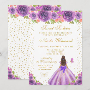 Purple Floral Brunette Hair Princess Sweet Sixteen Invitation