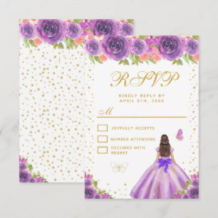 Purple Floral Brunette Hair Princess Sweet Sixteen RSVP Card