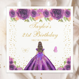 Purple Floral Brunette Princess Birthday Party Napkin