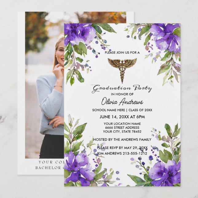 Purple Floral BSN Nursing Graduation Invitation |  (Front/Back)