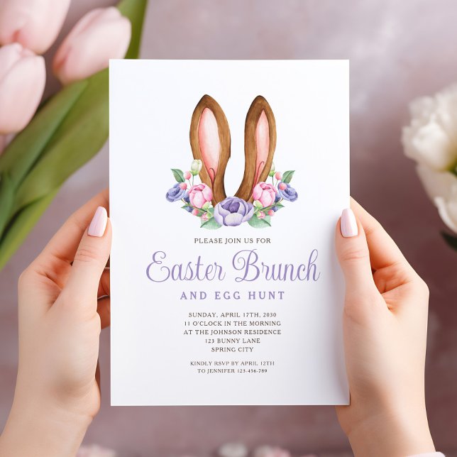 Purple Floral Bunny Ears Easter Brunch Invitation (Purple Floral Bunny Ears Easter Brunch Invitation)