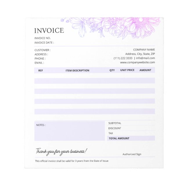Purple Floral Business Invoice Sales Template Notepad (Front)