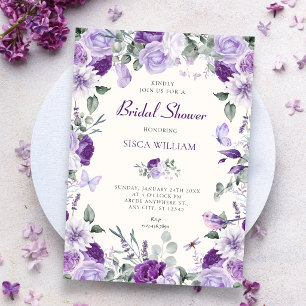 Purple floral butterflies bridal shower invitation