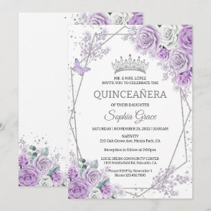 Purple Floral Butterflies Quinceañera Birthday Invitation