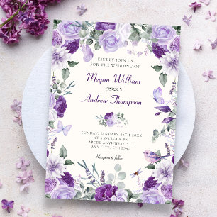 Purple floral butterflies wedding invitation