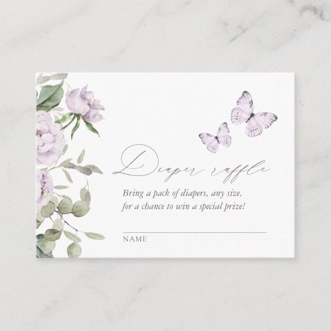 Purple Floral Butterfly Baby Shower Diaper Raffle Enclosure Card (Front)
