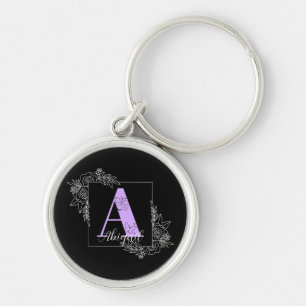 Purple Floral Butterfly Custom Monogram - Letter A Keychain