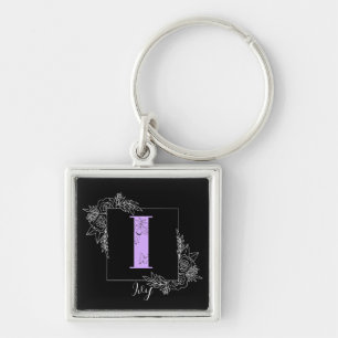 Purple Floral Butterfly Custom Monogram - Letter I Keychain