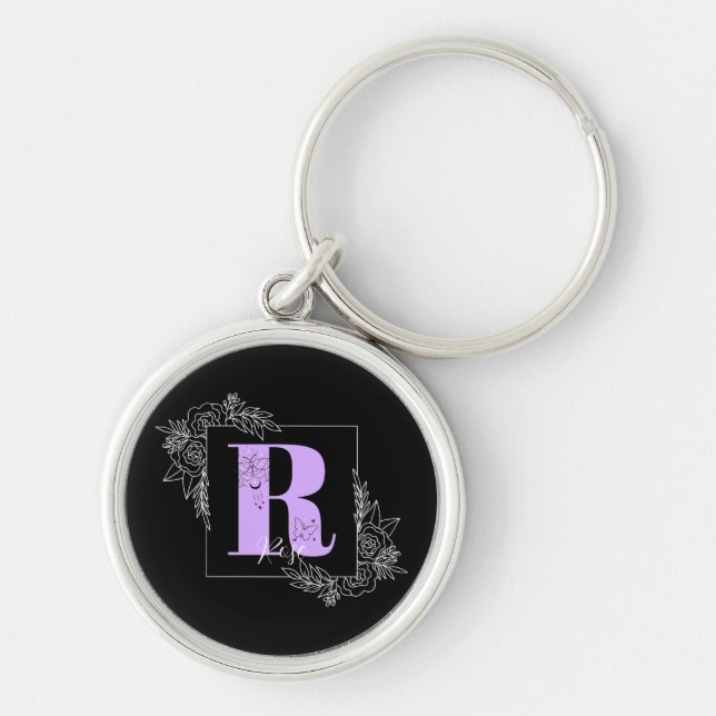 Purple Floral Butterfly Custom Monogram - Letter R Keychain (Front)