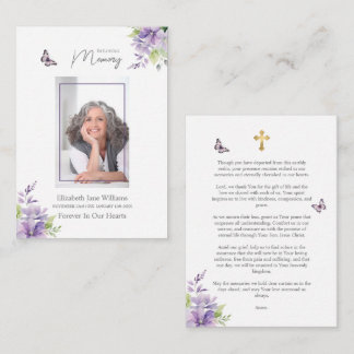 Purple Floral Butterfly Funeral Memorial Prayer Card
