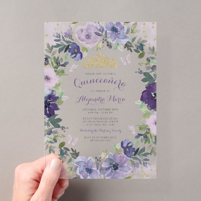 Purple Floral Butterfly Gold Tiara Quinceanera Acrylic Invitations (Insitu (Handheld))