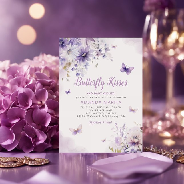 Purple Floral Butterfly Kisses Girl Baby Shower Invitation (Creator Uploaded)