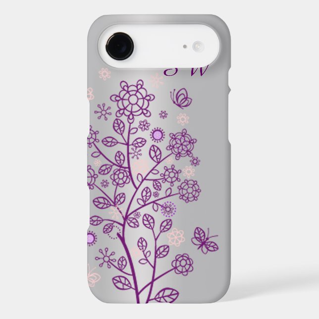 Purple floral, butterfly on silver Case-Mate iPhone case (Back)