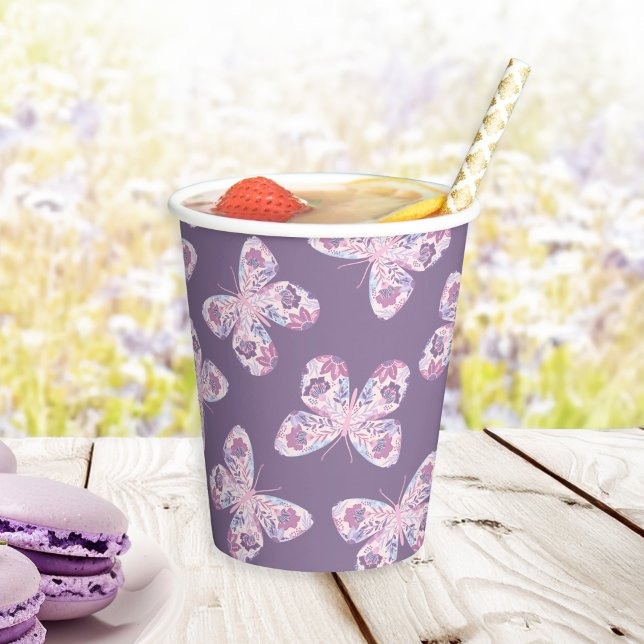 Purple Floral Butterfly Pattern Baby Shower Paper Cups (Creator Uploaded)