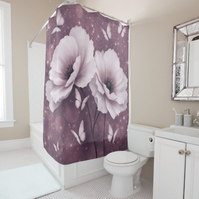 Purple Floral Butterfly Shower Curtain (In Situ)