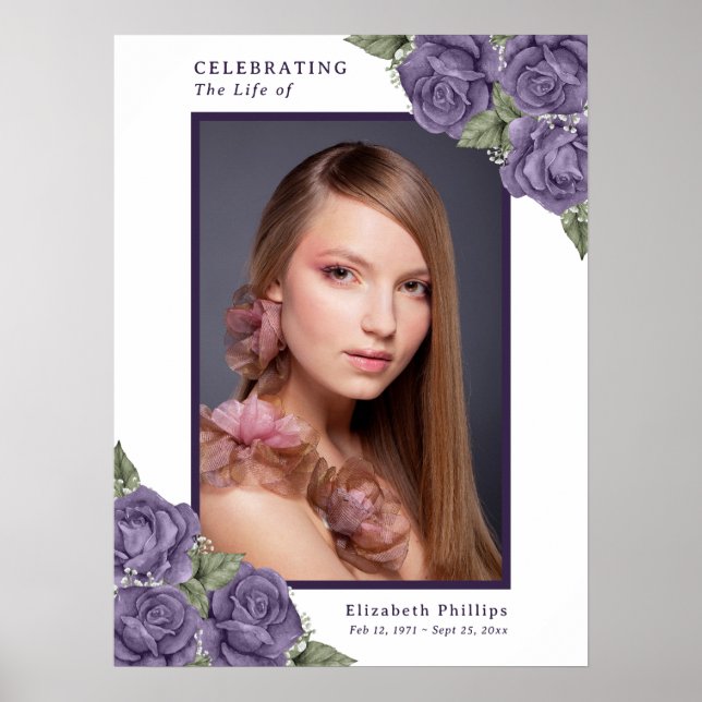 Purple Floral Celebration of Life Photo Sign (Front)
