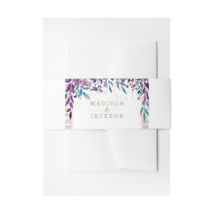 Purple Floral Champagne Gold Wedding Invitation Belly Band