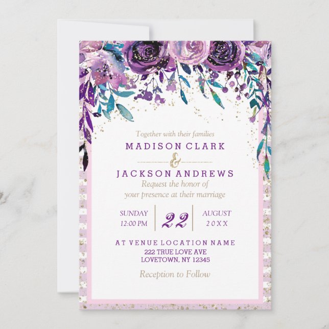 Purple Floral Champagne Gold Wedding Invitations (Front)