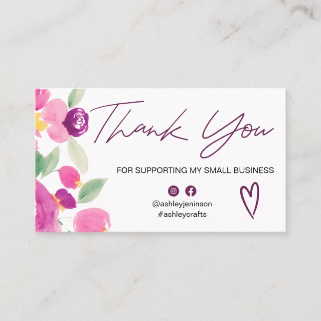 Purple floral chic script font order thank you business card (Front)