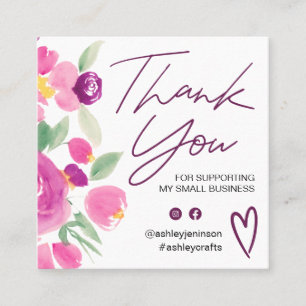 Purple floral chic script font order thank you square business card