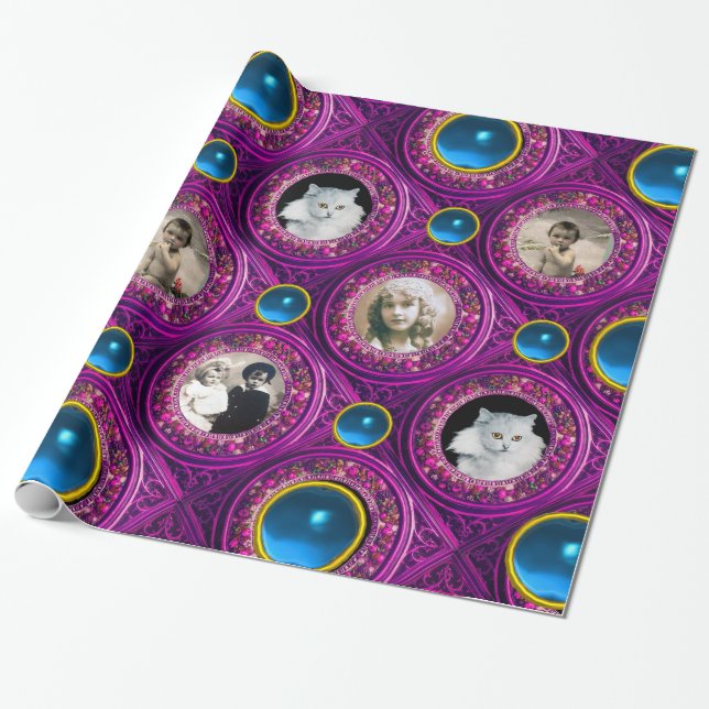 PURPLE FLORAL CHRISTMAS CROWN,BLUE GEM PHOTO FRAME WRAPPING PAPER (Unrolled)