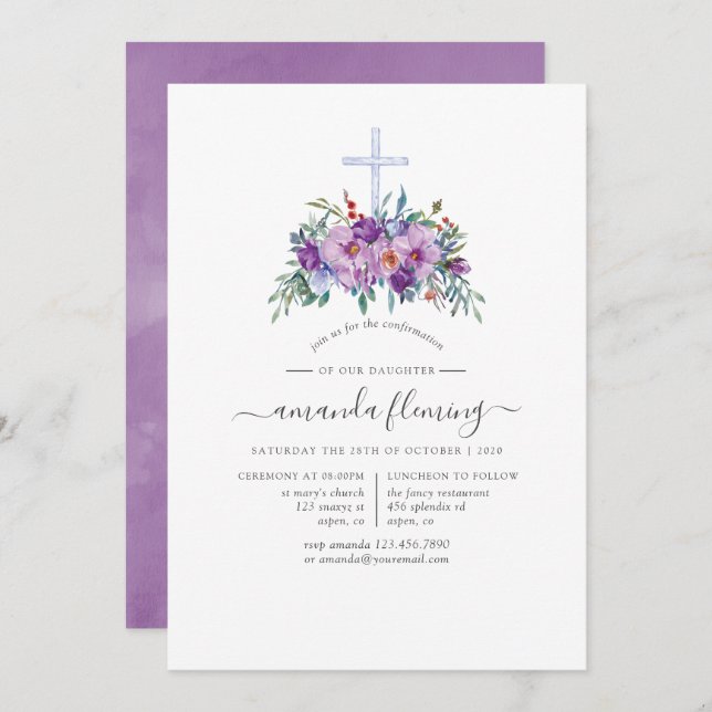 Purple Floral Confirmation Invitation (Front/Back)