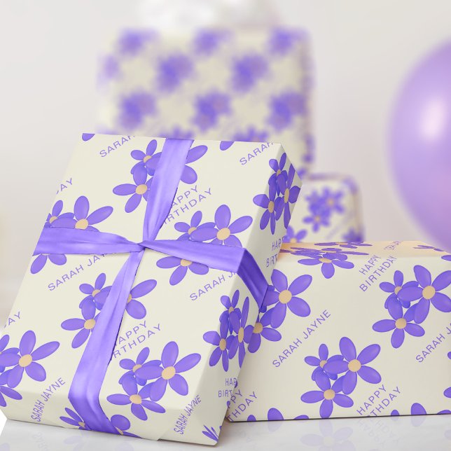 Purple Floral Cream Birthday Wrapping Paper (A cute purple floral birthday wrapping paper. Just add your name!)