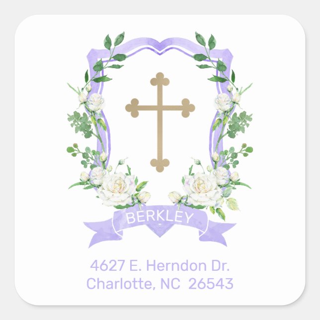 Purple Floral Crest Baptism Return Address Square Sticker (Front)