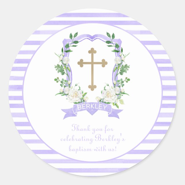 Purple Floral Crest Baptism Thank You Classic Round Sticker (Front)
