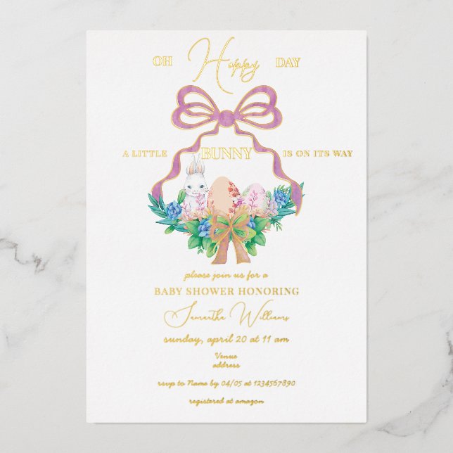 Purple Floral Crest Easter Bunny Girl Baby Shower (Front)