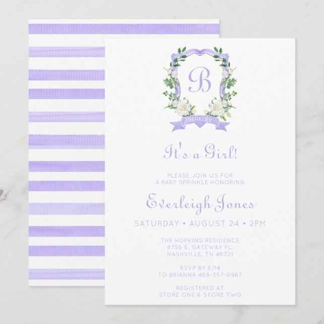 Purple Floral Crest It's A Girl Baby Sprinkle Invitation (Front/Back)