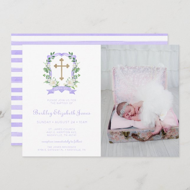 Purple Floral Crest Photo Baptism Invitation (Front/Back)